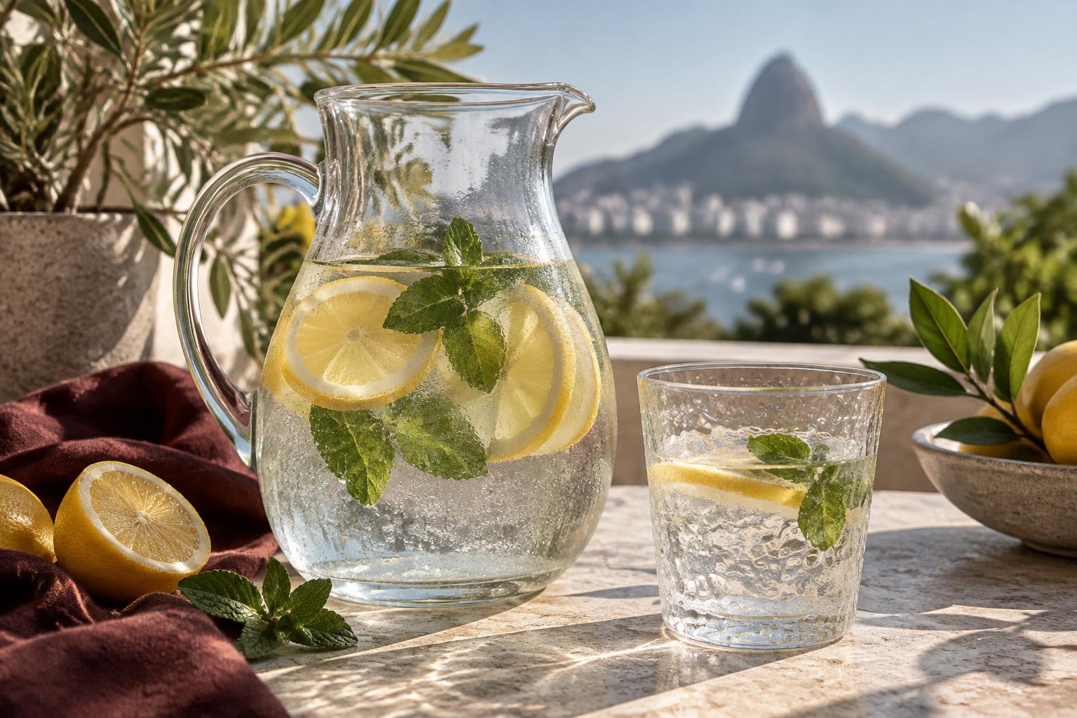 Jarra e copo de água com limão e hortelã