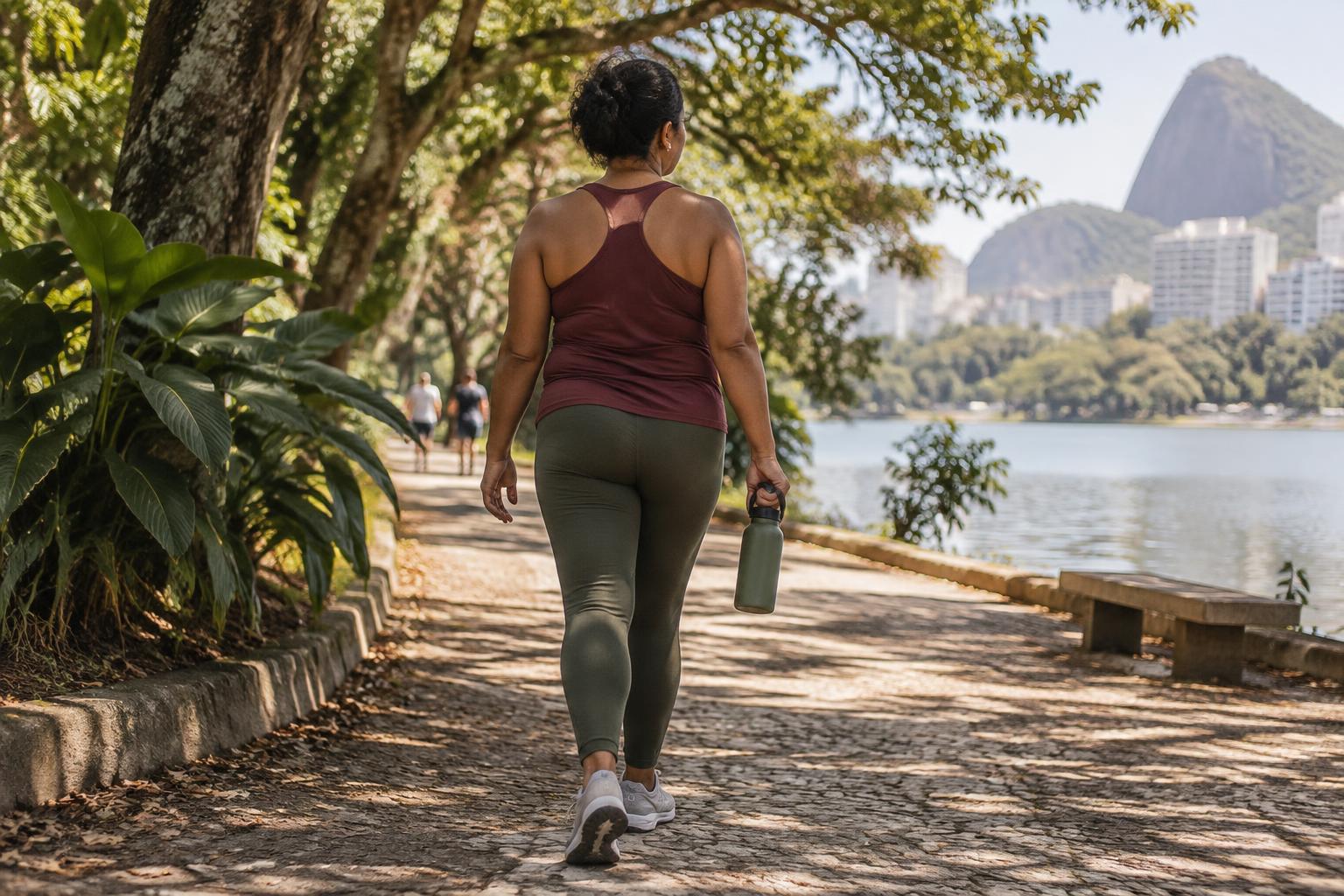 Mulher caminhando ao ar livre com uma garrafa de água