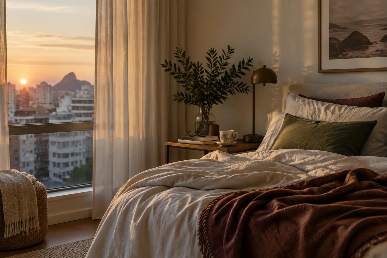 Quarto tranquilo iluminado pela luz suave do amanhecer